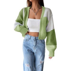 Womens Sweater Cardigan Long Sleeve Cropped Cardigan Color Block Open Front Sweater with Lantern Sleeve Trendy Sweaters - 1 of 4