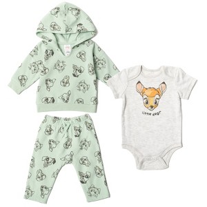 Disney Classics Mickey Mouse Winnie the Pooh Baby Hoodie Bodysuit and Pants 3 Piece Outfit Set Newborn to Infant - 1 of 4