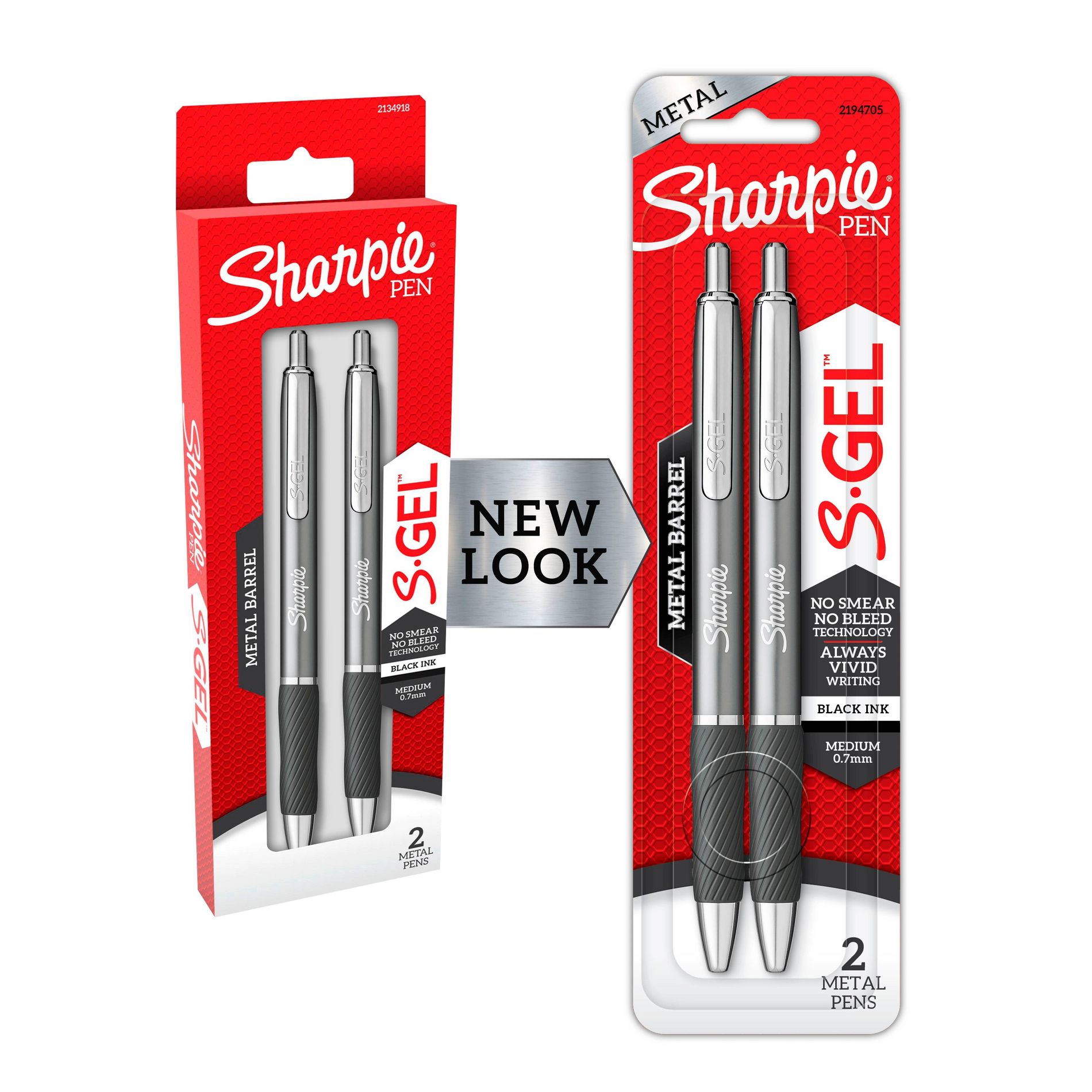 Sharpie S-Gel 2pk Black Ink Gel Pens 0.7mm Medium Tip - Gray Metal Barrel: Retractable, Contoured Rubber Grip, Pocket Clip