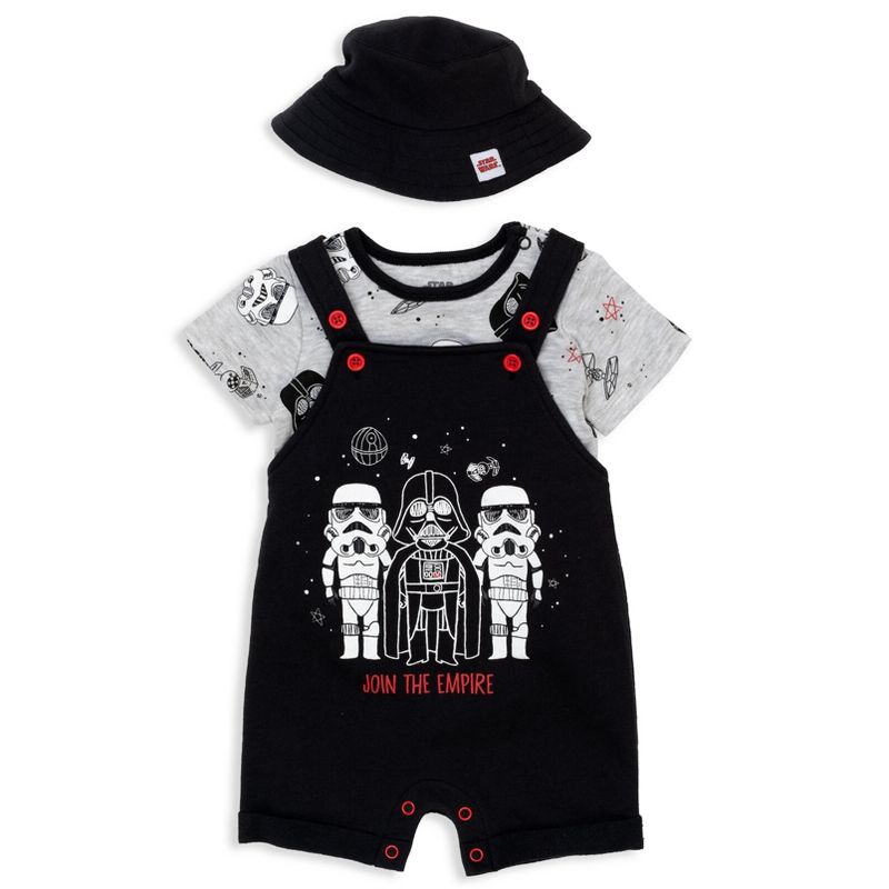 Star Wars Chewbacca R2-D2 Yoda Baby French Terry Short Overalls T-Shirt and Hat 3 Piece Outfit Set Newborn to Infant, 3 of 9