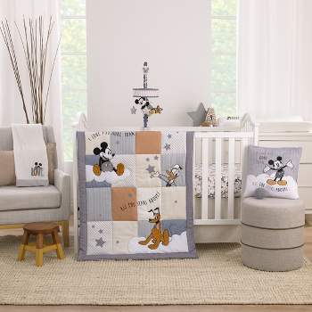 Disney Mickey Mouse Love Mickey Gray, Navy, and Tan Donald Duck and Pluto, Clouds and Stars 3 Piece Nursery Crib Bedding Set