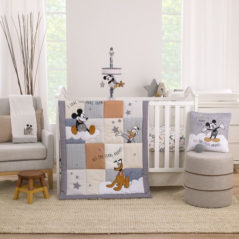 Disney Mickey Mouse Love Mickey Gray, Navy, and Tan Donald Duck and Pluto, Clouds and Stars 3 Piece Nursery Crib Bedding Set, 1 of 9