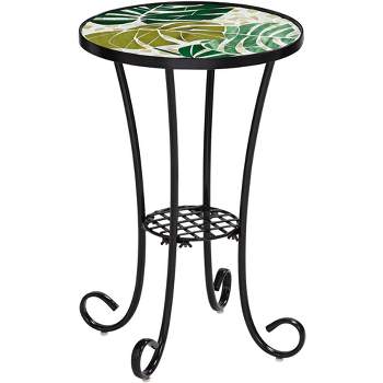Teal Island Designs Modern Black Metal Round Outdoor Accent Side Table 14" Wide Green Leaf Mosaic Tabletop for Front Porch Patio Home House
