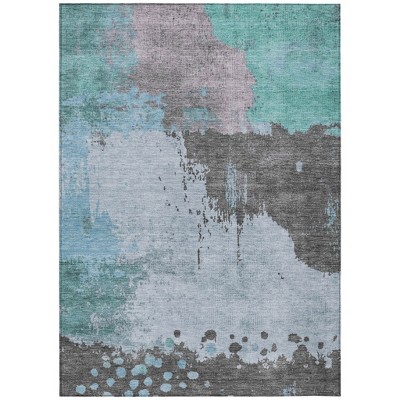 Teal Blue Aqua And Taupe Abstract Washable Indoor Outdoor Area Rug