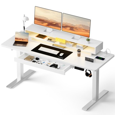 GTPLAYER Electric Standing Desk with Drawers, 48"/55" Height Adjustable Gaming Desk with Monitor Stand, Power Outlets & LED Lights