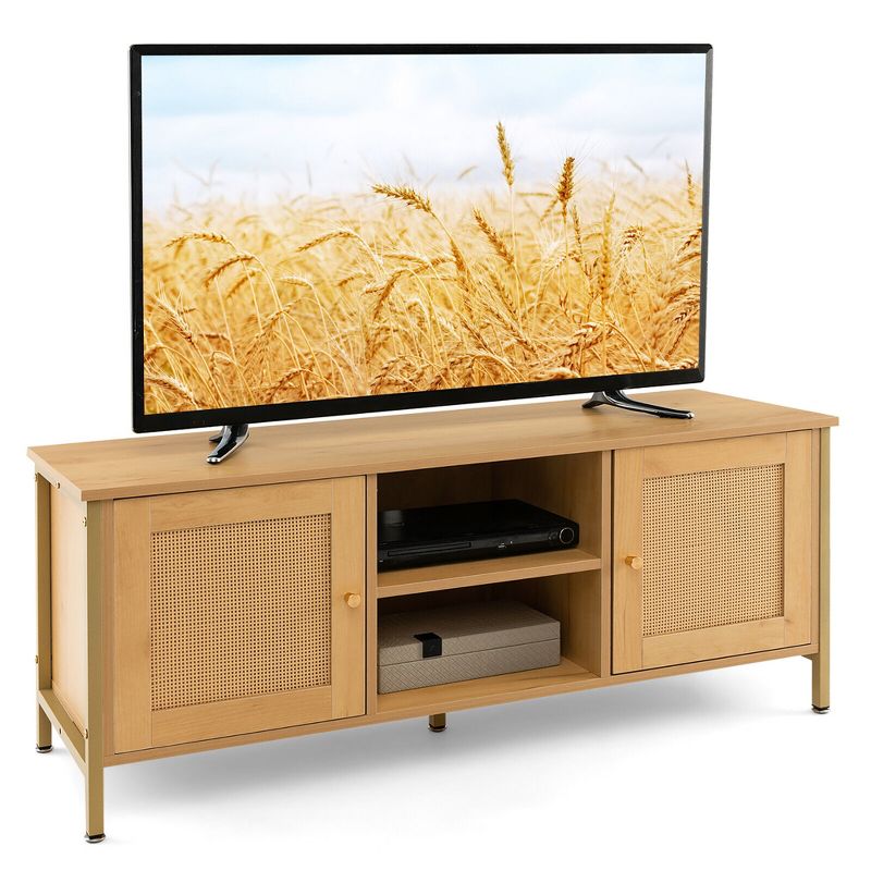 Tangkula Boho TV Stand for TV up to 55" w/ Faux Rattan Door Side Cabinet & Open Shelf, 1 of 2