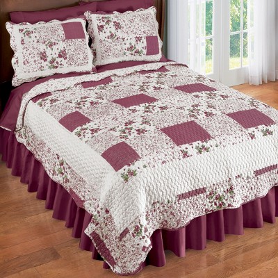 King Burgundy Floral Patchwork Reversible Quilt