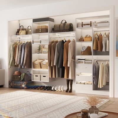 Aheaplus 132" Closet System with Adjustable Shelves and Drawers, Wall-mounted Space-Saving Closet Organizer with Hanging Rods