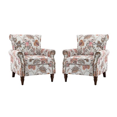 Set of 2 Araceli Traditional Wooden Upholstered Floral Armchair with Wingback and Nailhead Trim | ARTFUL LIVING DESIGN