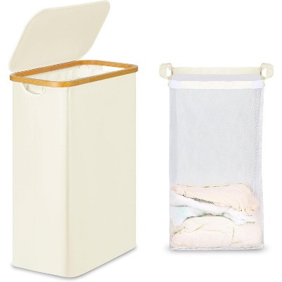 Laundry Basket with Lid, Narrow Laundry Hamper with Removable Bag, Skinny Dirty Clothes Basket with Bamboo Handles