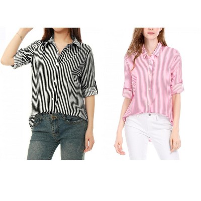 Allegra K Women's Striped Button Down Roll-up Long Sleeves Point Collar Shirt 2 Packs