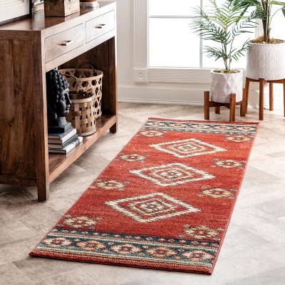 Margene Red and Blue Southwestern Diamond Runner Rug 2' 6" x 6'