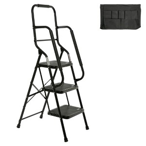 JANSNO Black 3-Step Folding Step Ladder with Handrails & Attachable Tool Bag, Steel Frame, Non-Slip Wide Pedals - 1 of 4