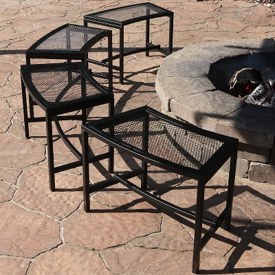 Curved Black Mesh Metal Outdoor Fire Pit Bench Set of 4