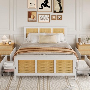 Rattan Bed Frame with Headboard & 4 Drawers - Boho King/Queen/Full Platform Bed, LED Lights, 800 lb Capacity, No Box Spring - White/Black - 1 of 4