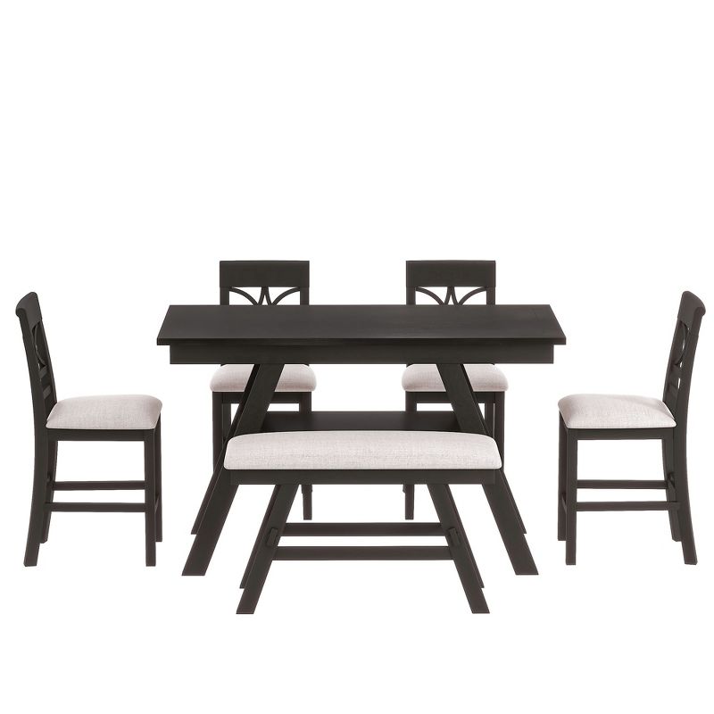 Rustic 6-Piece Wood Counter Height Dining Table Set with Storage Shelf, 4 Chairs and Bench-ModernLuxe, 2 of 12