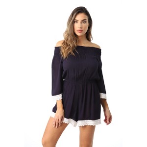 Riviera Sun Womens Off Shoulder 3/4 Sleeve Crochet Trim Romper - 1 of 3