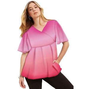 June + Vie by Roaman's Women's Plus Size Faux Wrap Fit-And-Flare Top - 1 of 4