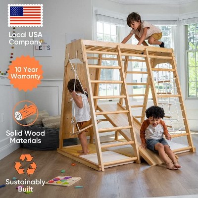 Large Natural Pine Indoor Playset with Slide, Swing, and Climbing Wall
