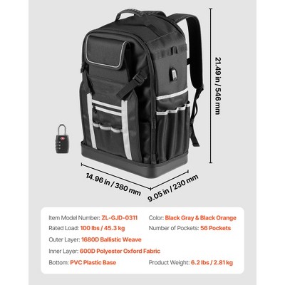 VEVOR Tool Backpack, 56 Pockets, Heavy-duty Tools Storage Organizer Bags with Molded Base, Electrician Jobsite Backpack, Black+Gray — фото 8