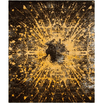 Gold and Black Hand-Knotted Geometric Wool Rug 8' x 10'