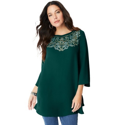 Roaman's Women's Plus Size Flare-Sleeve Embellished Georgette Top - image 1 of 4