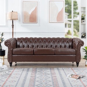 CAVINAS Chesterfield Sofa with Rolled Arm, Modern PU Leather 3 Seater Sofa Couch, Upholstered Vintage Couch for Living Room - 1 of 4