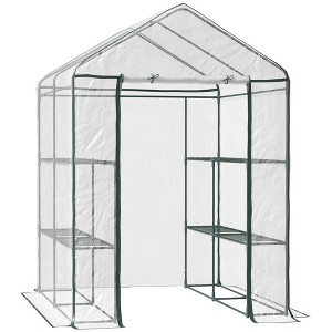 Outsunny 56" x 56" x 77" Walk-in Greenhouse Kit, Portable Green House with 3 Tier Shleves, Roll-Up Door, PE Cover for Backyard Garden, Clear - 1 of 4