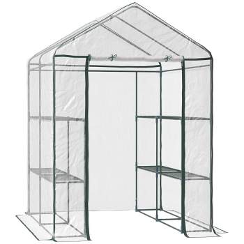 Outsunny Walk-in Greenhouse 4.7' x 4.7' x 6.4' Hot House with 3-Tier Shelving, Roll-Up Door for Outdoor, Garden