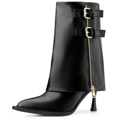 BLISSFUL STEP Women's Pointed Toe Mid Calf Fold Over Buckle Stiletto Heel Boots