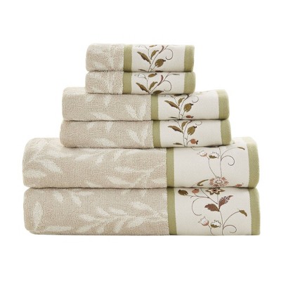 Green Embroidered Cotton Jacquard 6-Piece Towel Set