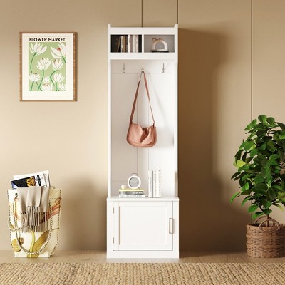 LOVMOR Minimalist Slim Hall Tree with Cabinet & 6 Hanging Hooks