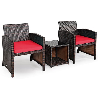 Tangkula 3 PCS Patio Rattan Furniture Set Conversation Chair Set with Soft Cushion & Coffee Table for Backyard Poolside Garden