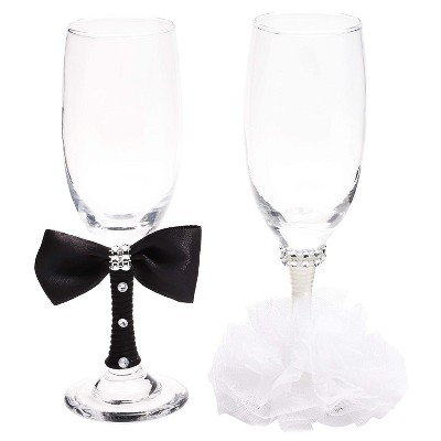 Sparkle and Bash Set of 2 Bride and Groom Toasting Glasses, Mr. & Mrs. Champagne Flutes in Lace Dress and Tuxedo