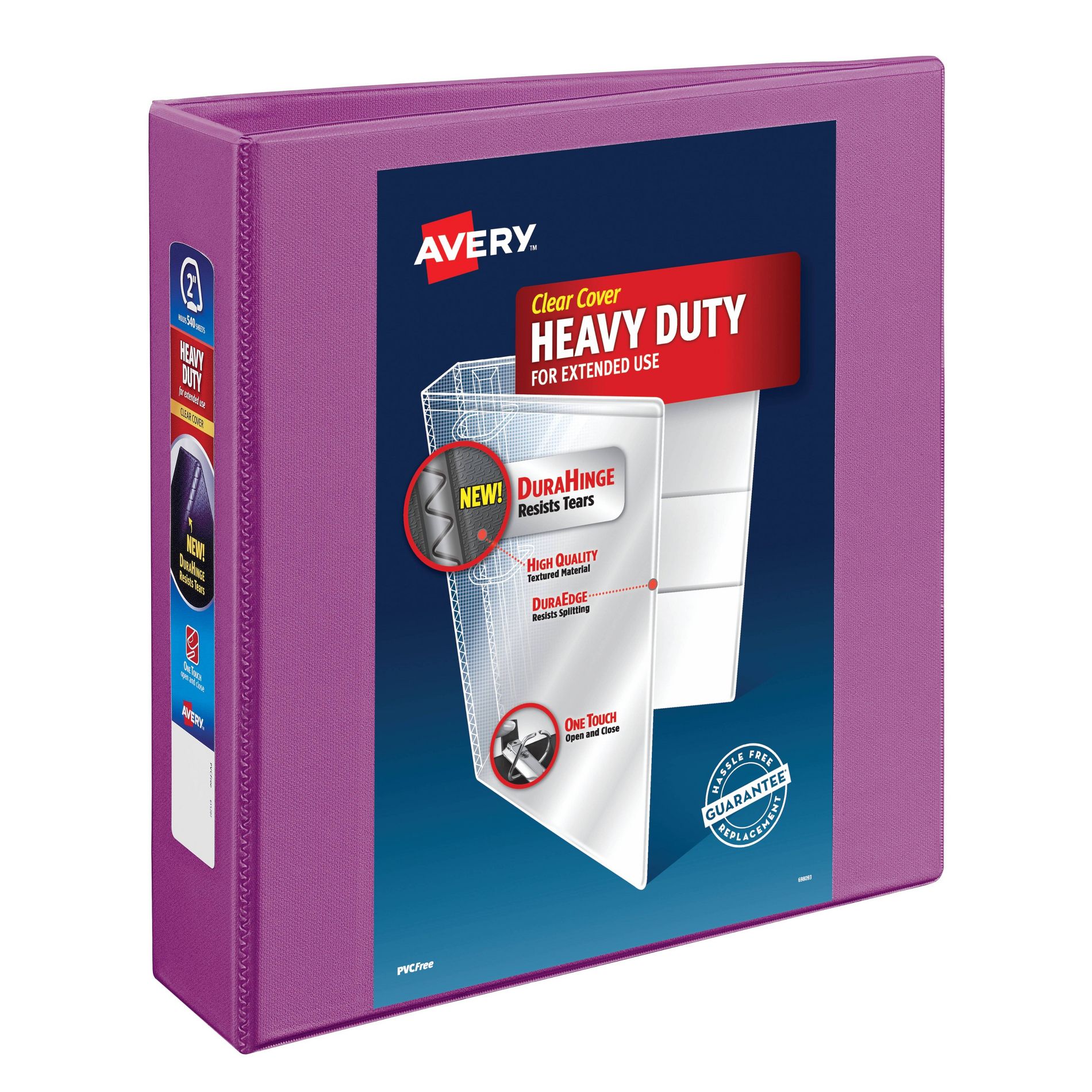 Avery 2" One Touch EZD Rings 540 Sheet Capacity Heavy Duty View Binder - Purple: Polypropylene, 4 Pockets, Clear Cover