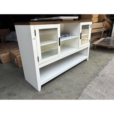 Left and right hidden doors, middle shelf storage cabinets with embossed white patterns