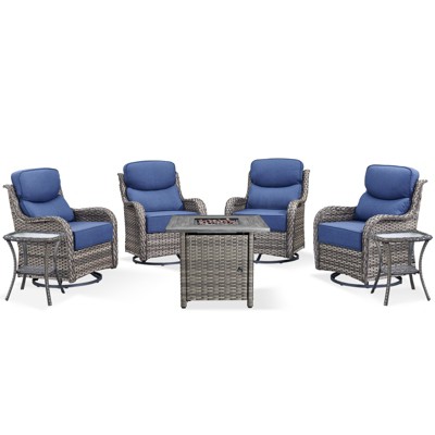 Buenhomino 7 Pieces Outdoor Patio Furniture Set with 30" Square Fire Pit Table, Rattan Wicker Swivel Rocker Chairs Sets