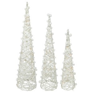 Northlight LED Lighted Glittered Cone Tree Christmas Decorations - 39.25" - White - Set of 3 - 1 of 4