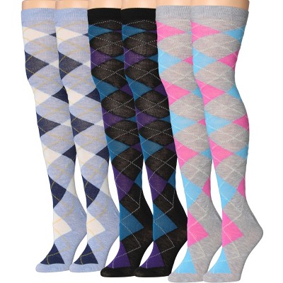 Isadora Paccini Womens 3 Pairs Harmonious Argyle Medley Solid Colors Pattern Over The Knee High Socks
