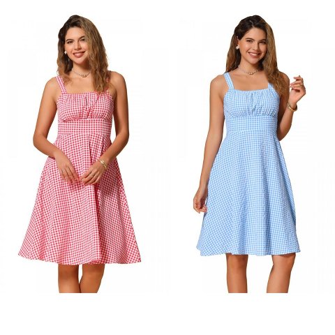 Женские платья INSPIRE CHIC Women's Plaid Vintage Sleeveless Ruched Summer A-Line Flowy Midi Dresses 2 Packs Blue/Red X-Small