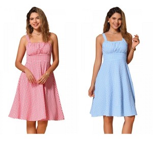 INSPIRE CHIC Women's Plaid Vintage Sleeveless Ruched Summer A-Line Flowy Midi Dresses 2 Packs - 1 of 4