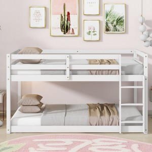 Okak Twin Over Twin Bunk Bed with Ladder & Safety Guardrail Solid Rubber Wooden Loft Bed with Strengthened Slats for Kids Easy Assemble, White - 1 of 4