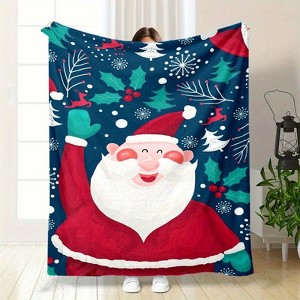 Lomsoe Christmas Santa Claus & Holly Print Flannel Blanket - All Seasons Soft and Warm Throw Blanket for Bed, Napping, Camping, Travel, Office - 1 of 4