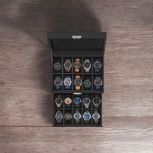 Synthetic Leather 20 - Slot Watch Box with Glass Lid. 2 - Layer, Lockable Watch Display Case - 1 of 4