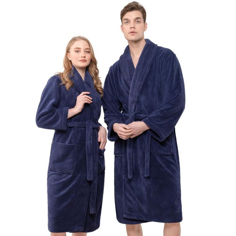 Navy Blue Medium Fleece Bathrobe with Shawl Collar