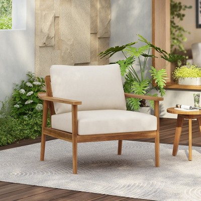 LOEHAVIT Mid-Century Modern Outdoor Lounge Chair with Cushions, Patio Garden Balcony Furniture, Weather-Resistant Wood Frame, Comfortable Seat