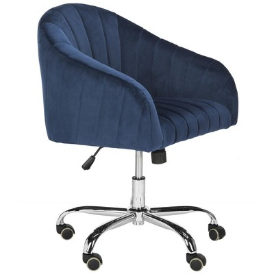 Navy Velvet Chrome-Finished Swivel Office Chair with Fixed Arms