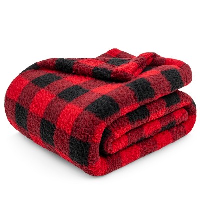 Plaid Red and Black Sherpa Fleece Throw Blanket