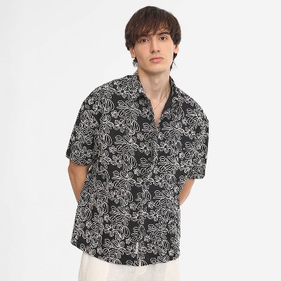 Campus Sutra Men Men's Midnight Black Floral-Lined Oversized Shirt