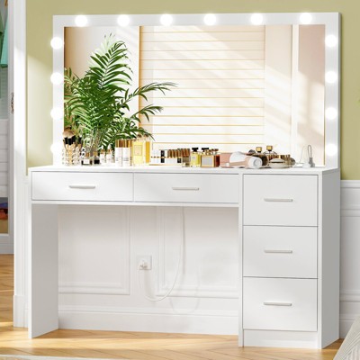 USIKEY 47.2" Large Vanity Desk with Lighted Mirror, 14 Lights, Makeup Vanity Table with 5 Large Drawers & Charging Station for Bedroom